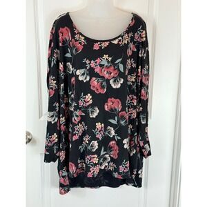 Terrace Sky Womens 4X Black Floral Long Sleeve Scoop Neck Tunic Top